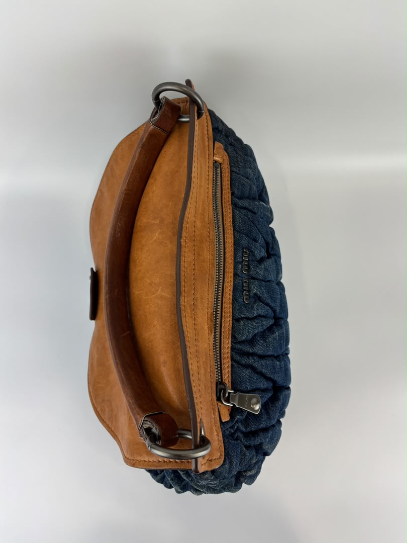 Matelassé Denim and Leather Hobo Bag Blue/Brown