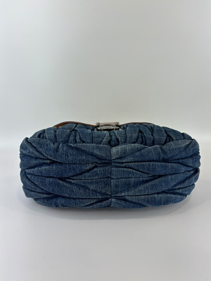 Matelassé Denim and Leather Hobo Bag Blue/Brown