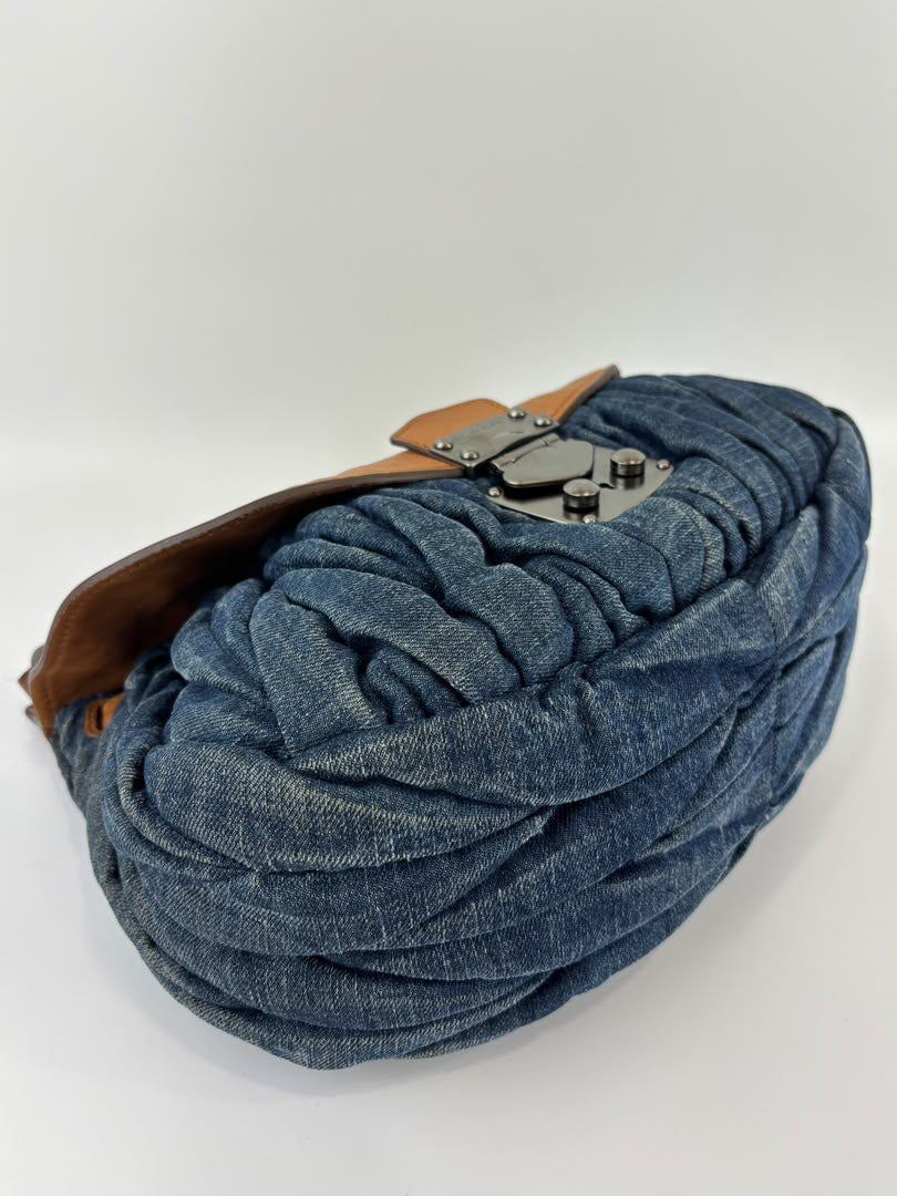 Matelassé Denim and Leather Hobo Bag Blue/Brown