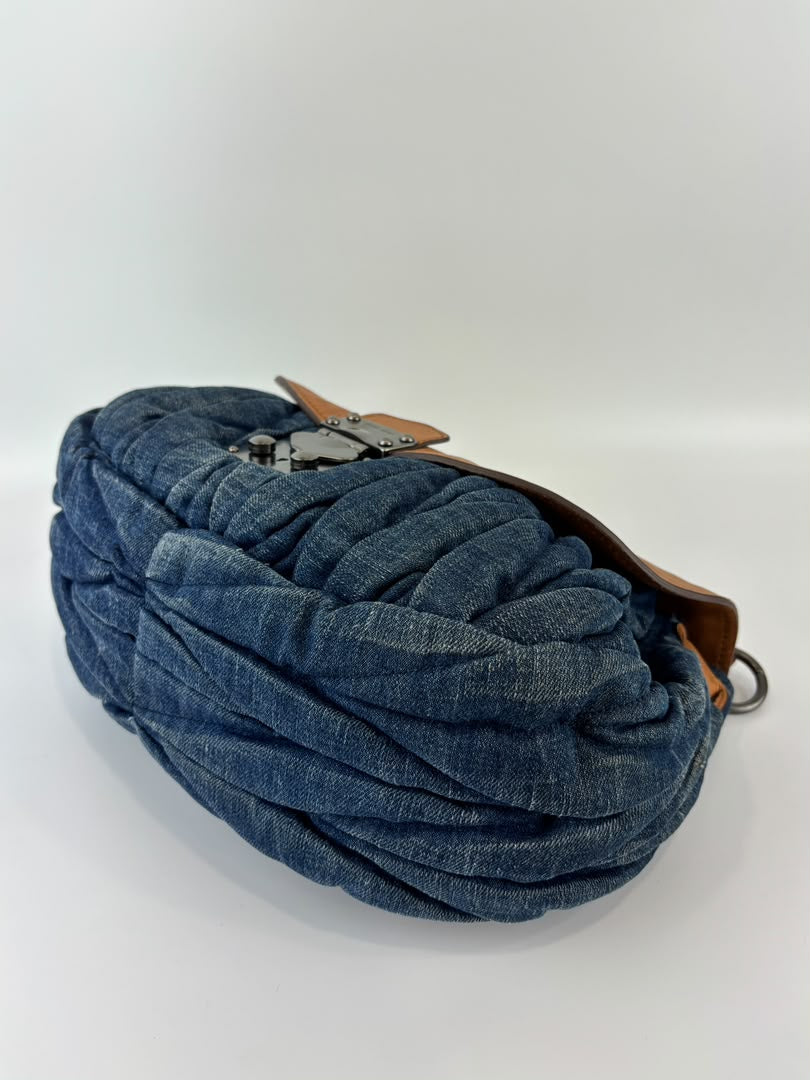 Matelassé Denim and Leather Hobo Bag Blue/Brown