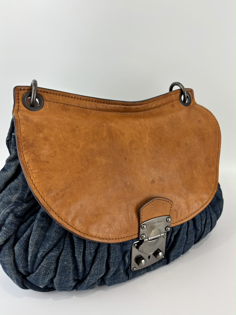 Matelassé Denim and Leather Hobo Bag Blue/Brown
