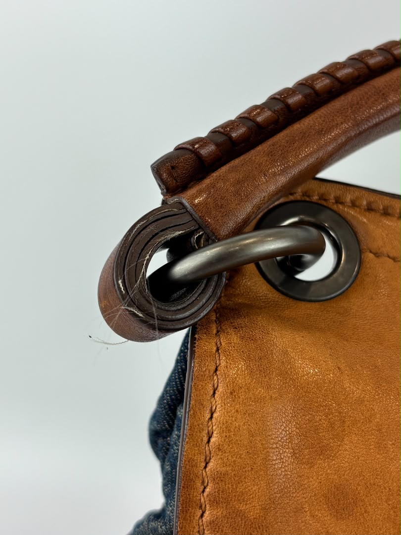 Matelassé Denim and Leather Hobo Bag Blue/Brown