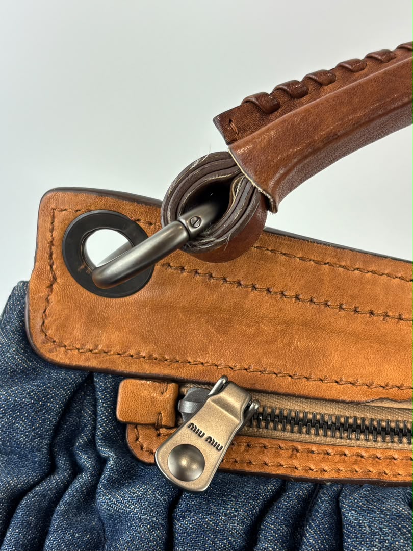 Matelassé Denim and Leather Hobo Bag Blue/Brown