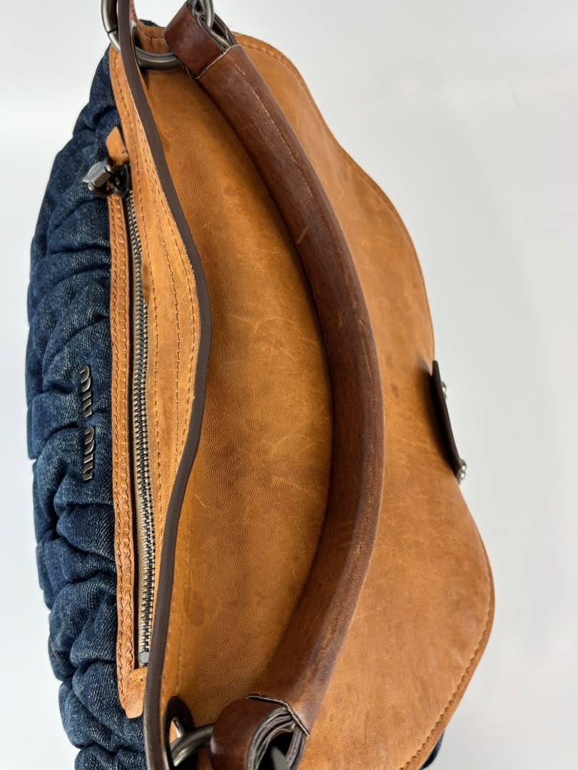 Matelassé Denim and Leather Hobo Bag Blue/Brown