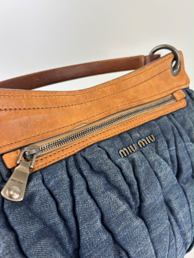 Matelassé Denim and Leather Hobo Bag Blue/Brown