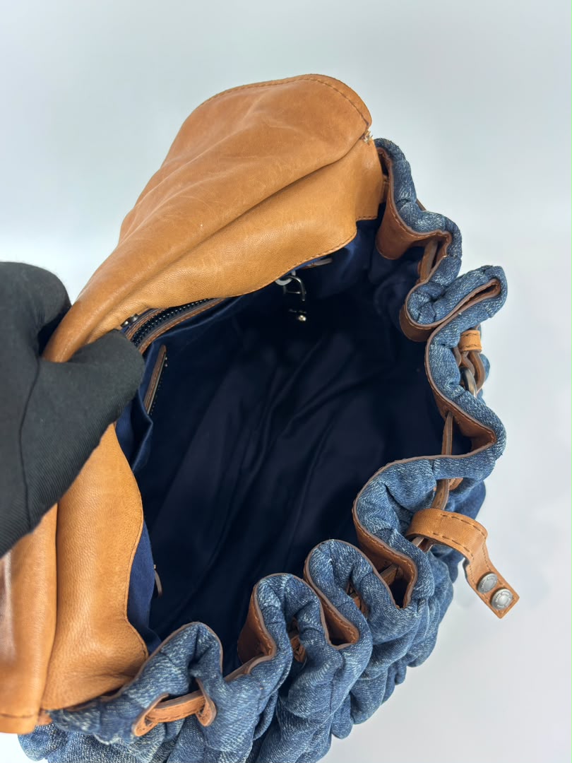 Matelassé Denim and Leather Hobo Bag Blue/Brown