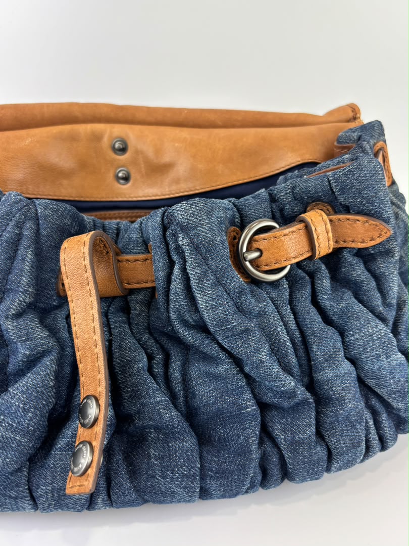 Matelassé Denim and Leather Hobo Bag Blue/Brown
