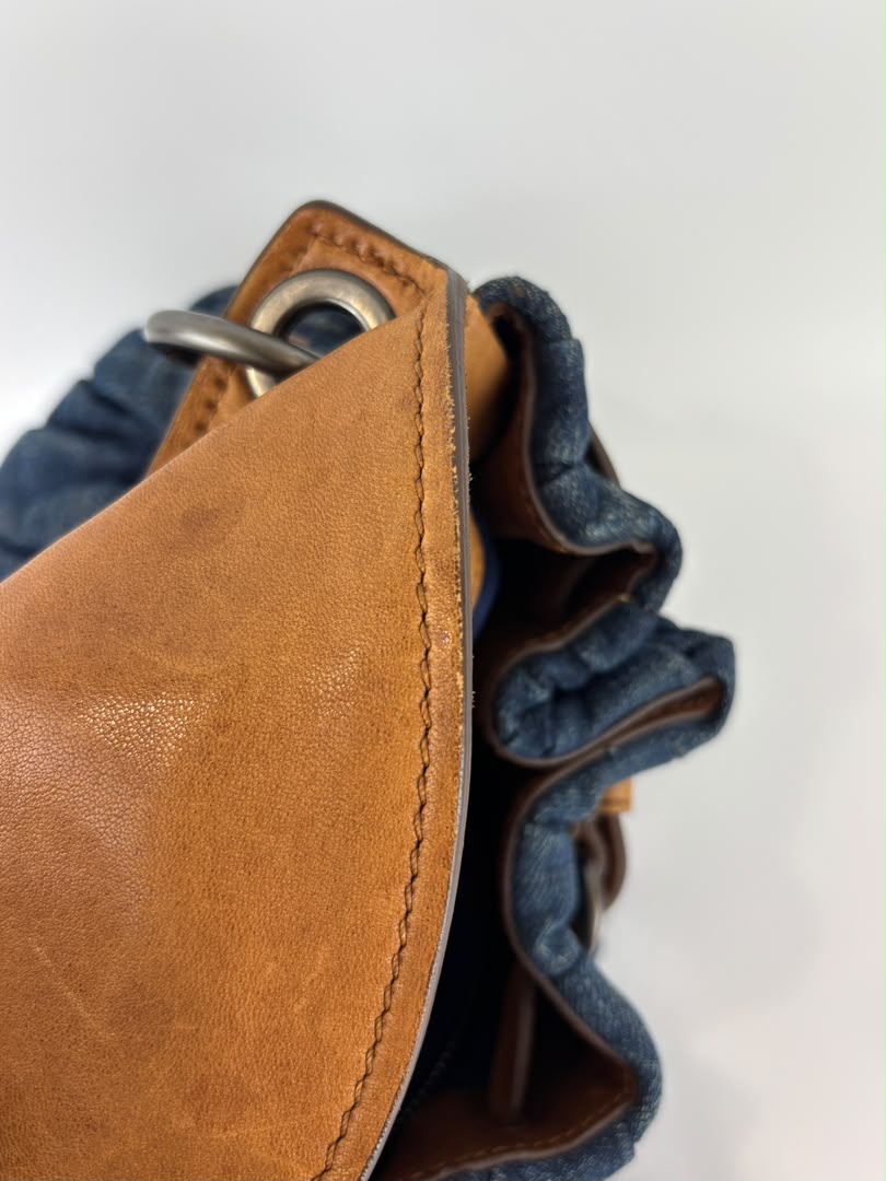 Matelassé Denim and Leather Hobo Bag Blue/Brown