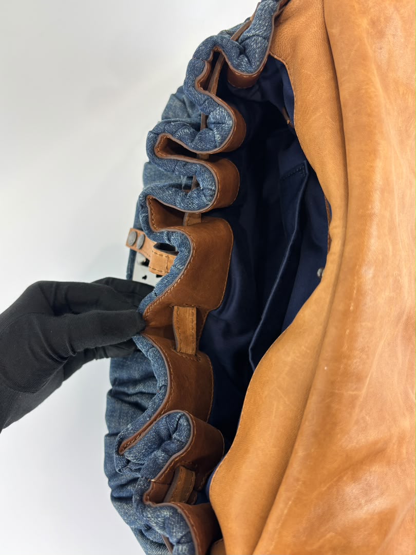 Matelassé Denim and Leather Hobo Bag Blue/Brown