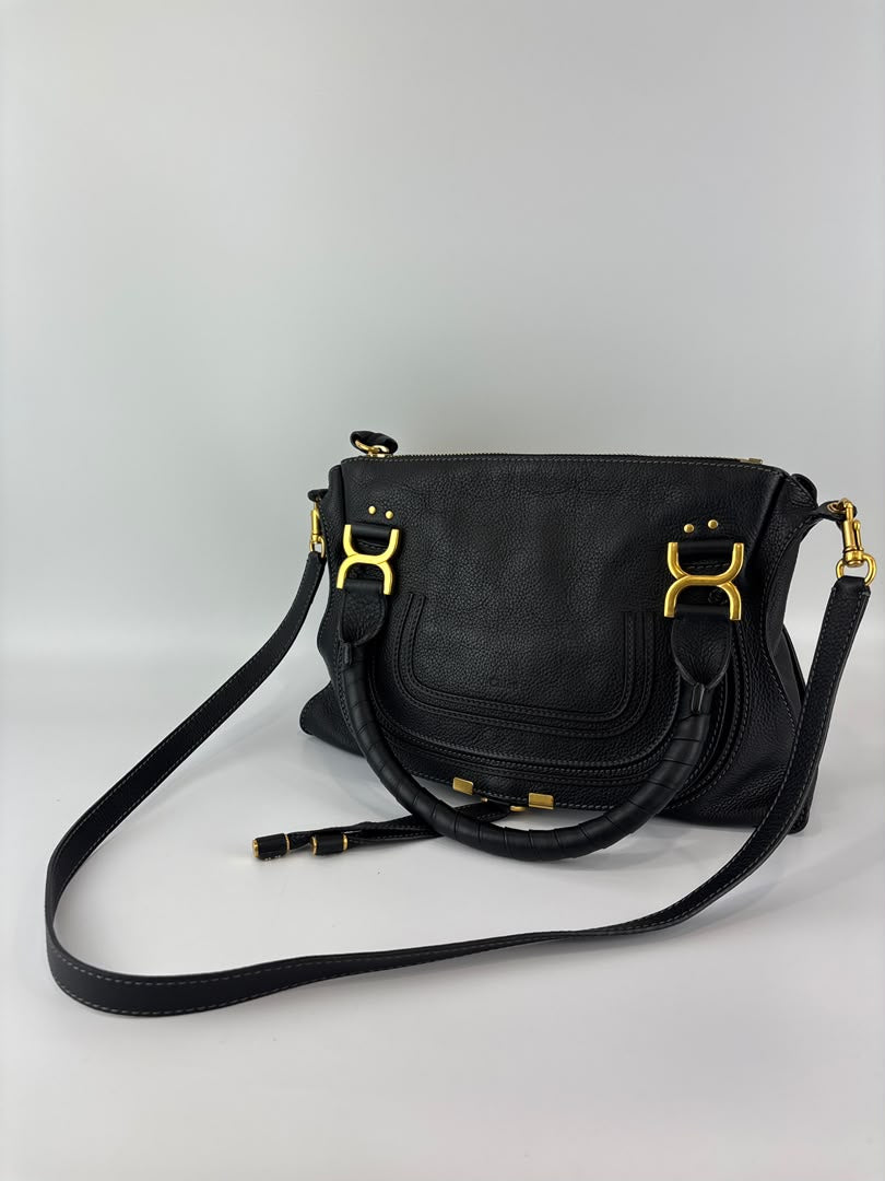 Medium Marcie Satchel Black Grained Leather