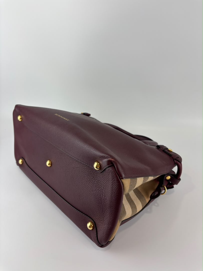 Medium Banner Tote Burgundy Pebbled Leather House Check