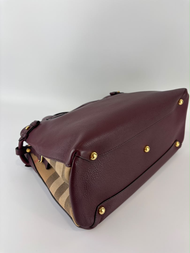 Medium Banner Tote Burgundy Pebbled Leather House Check