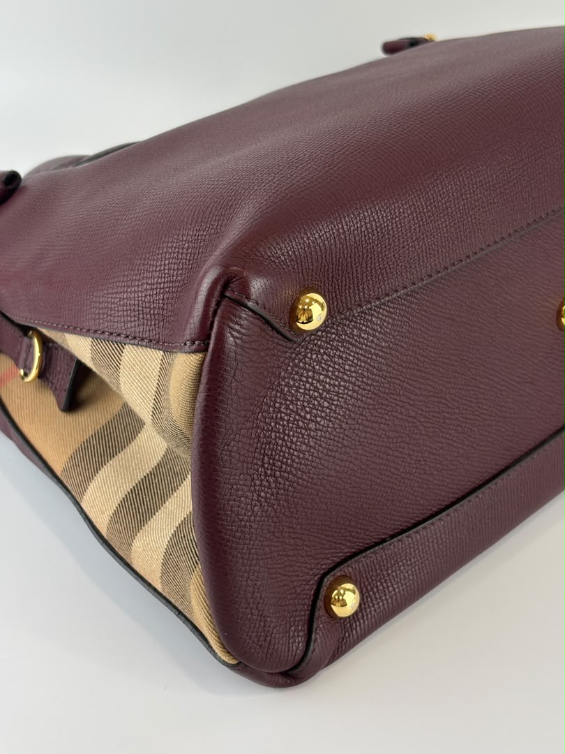 Medium Banner Tote Burgundy Pebbled Leather House Check