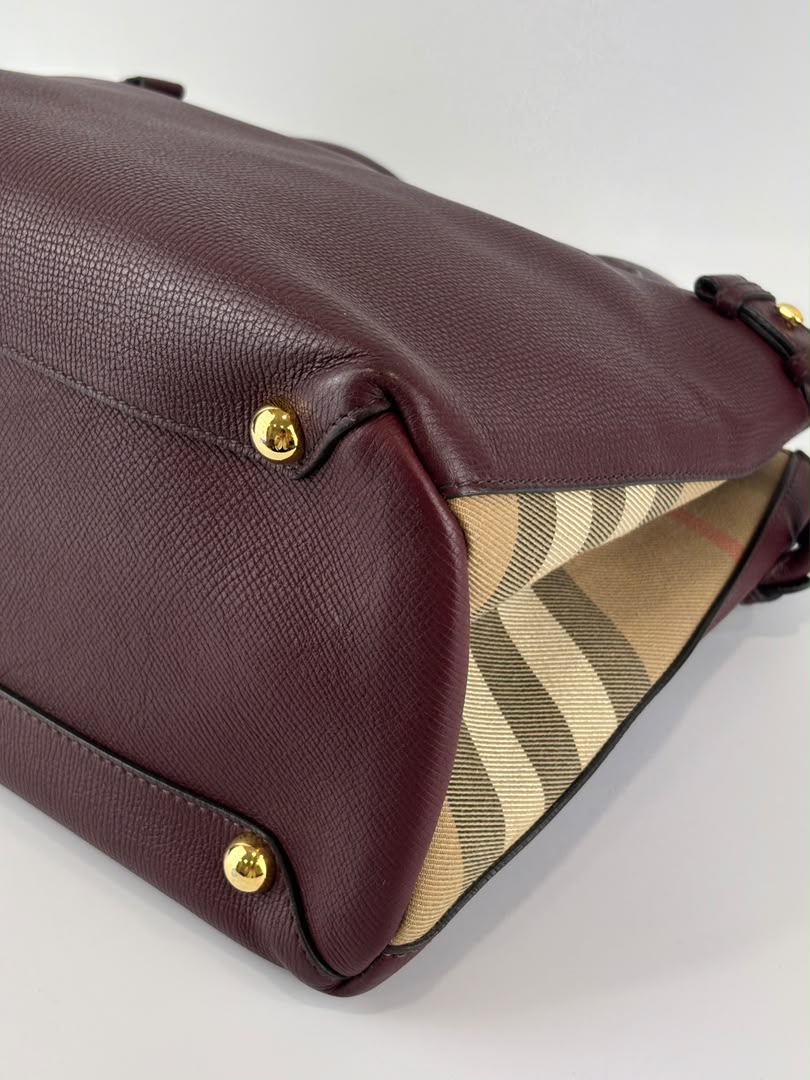 Medium Banner Tote Burgundy Pebbled Leather House Check