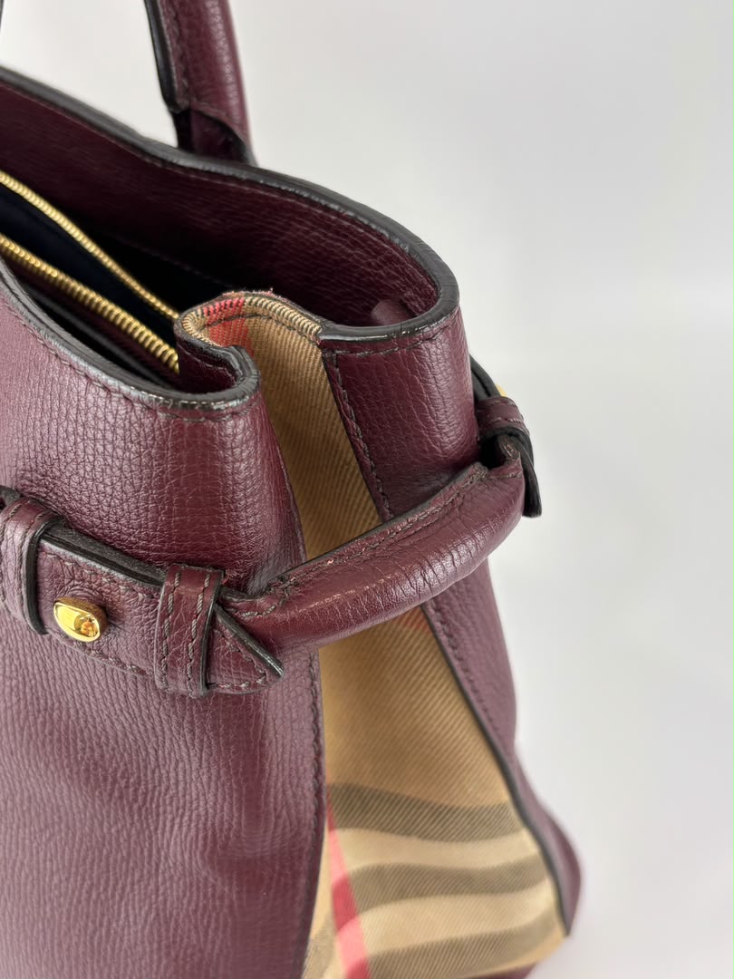 Medium Banner Tote Burgundy Pebbled Leather House Check
