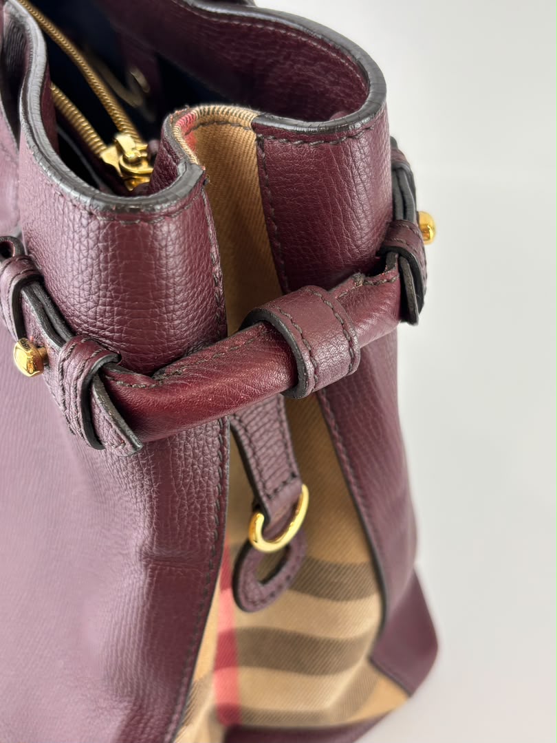 Medium Banner Tote Burgundy Pebbled Leather House Check