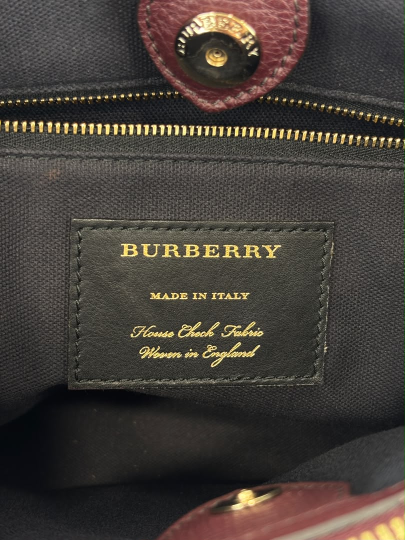 Medium Banner Tote Burgundy Pebbled Leather House Check