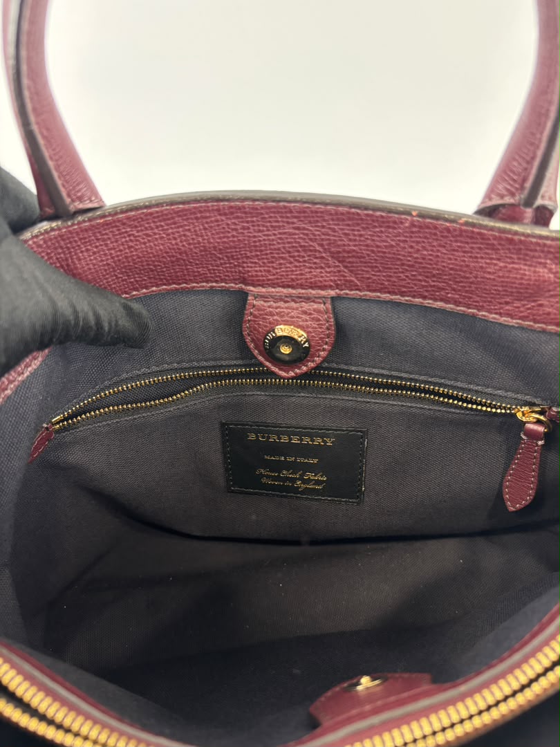 Medium Banner Tote Burgundy Pebbled Leather House Check