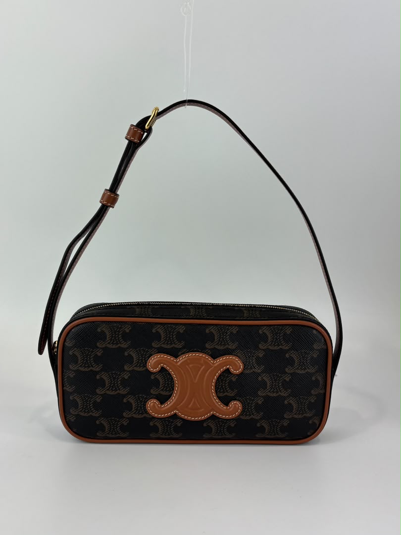 Triomphe Canvas Mini Camera Shoulder Bag Tan