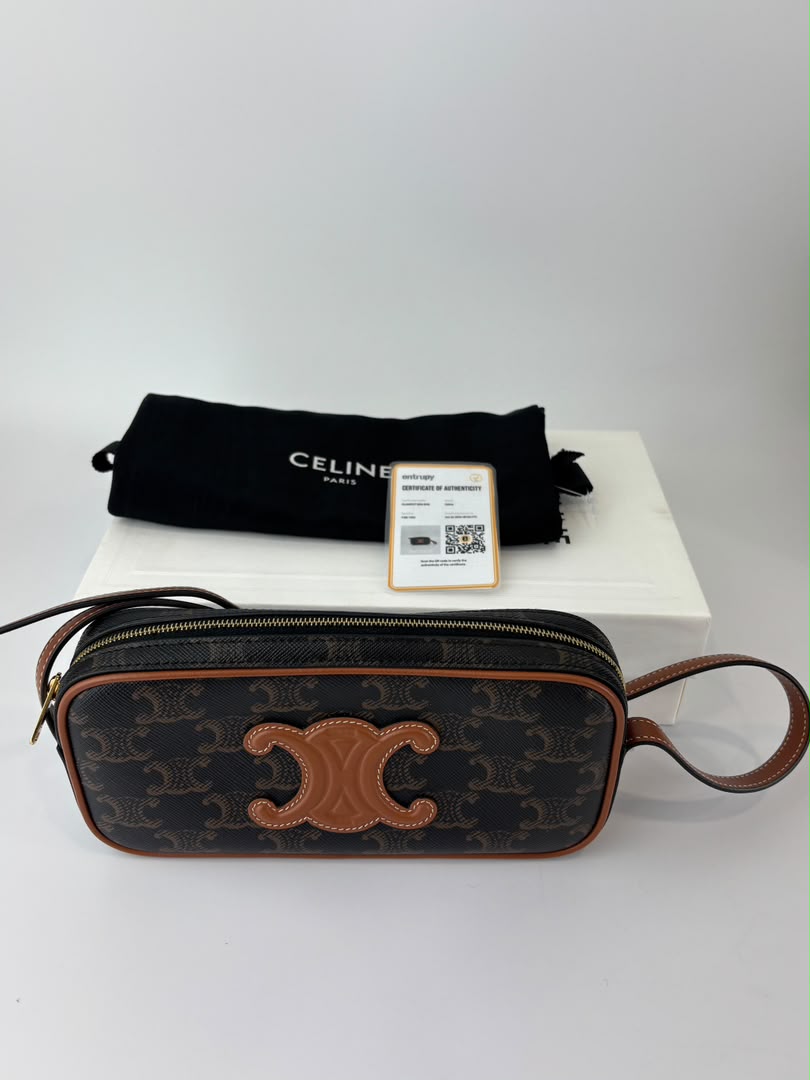Triomphe Canvas Mini Camera Shoulder Bag Tan