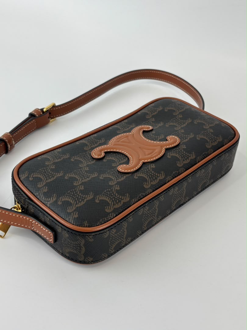 Triomphe Canvas Mini Camera Shoulder Bag Tan