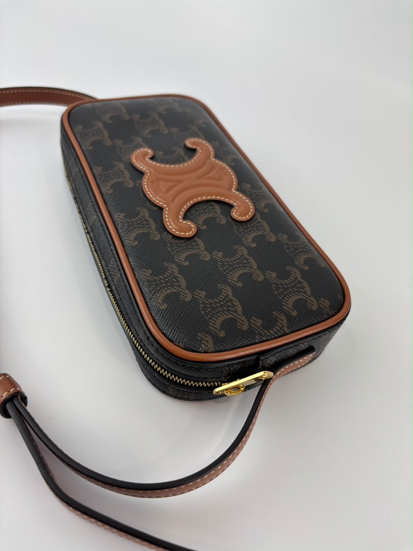 Triomphe Canvas Mini Camera Shoulder Bag Tan