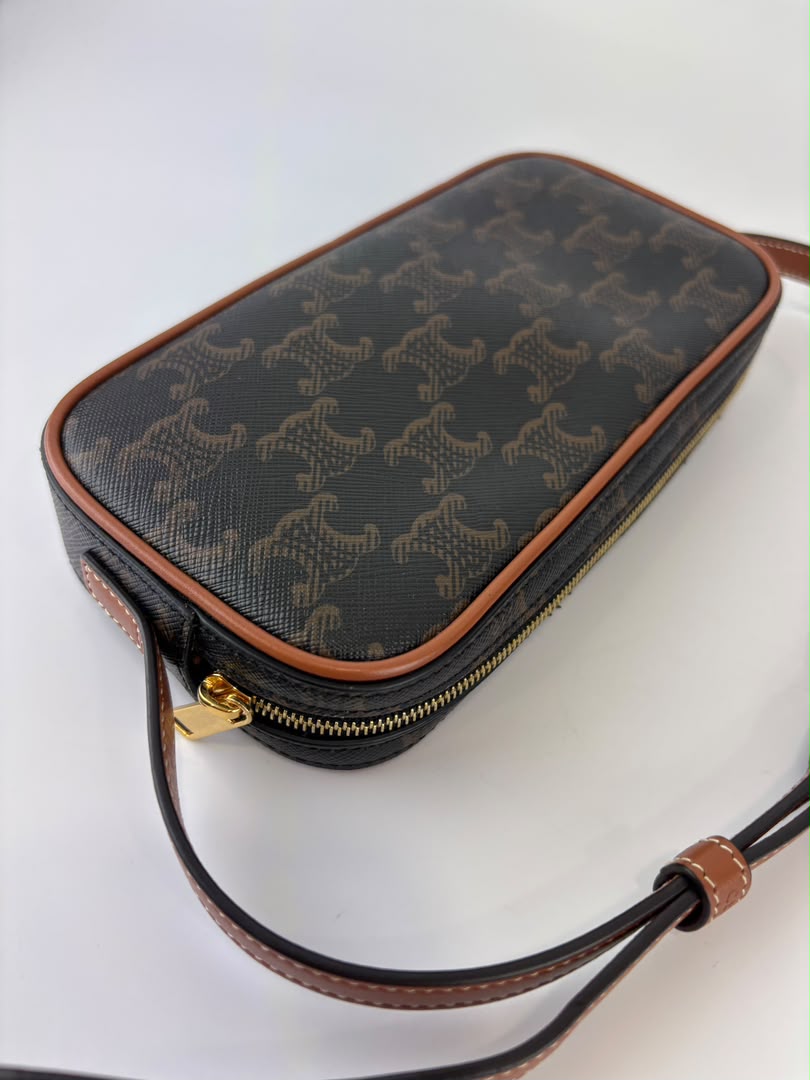 Triomphe Canvas Mini Camera Shoulder Bag Tan