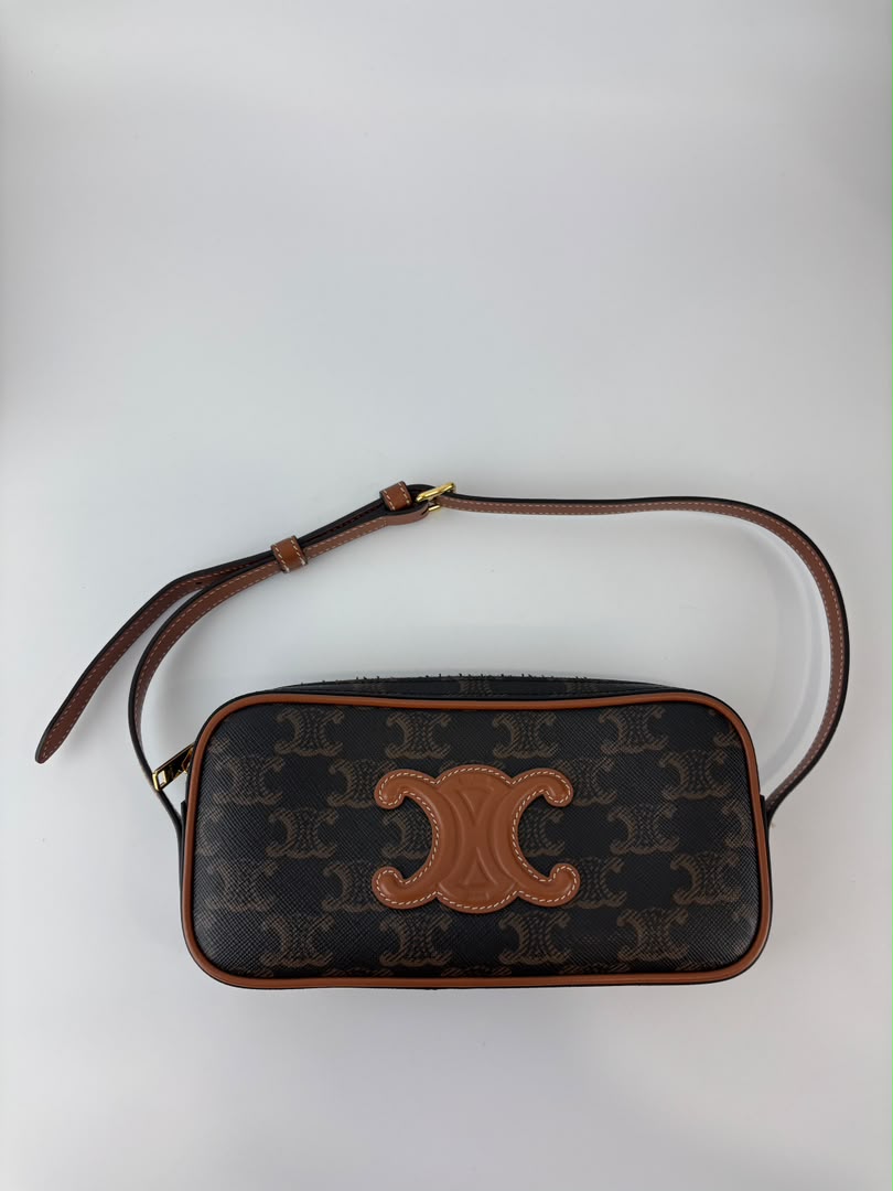 Triomphe Canvas Mini Camera Shoulder Bag Tan