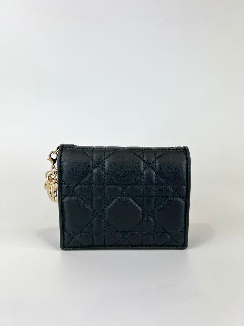 Black Cannage Lambskin Mini Lady Dior Gardenia Wallet