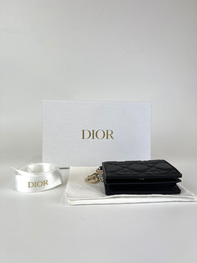 Black Cannage Lambskin Mini Lady Dior Gardenia Wallet