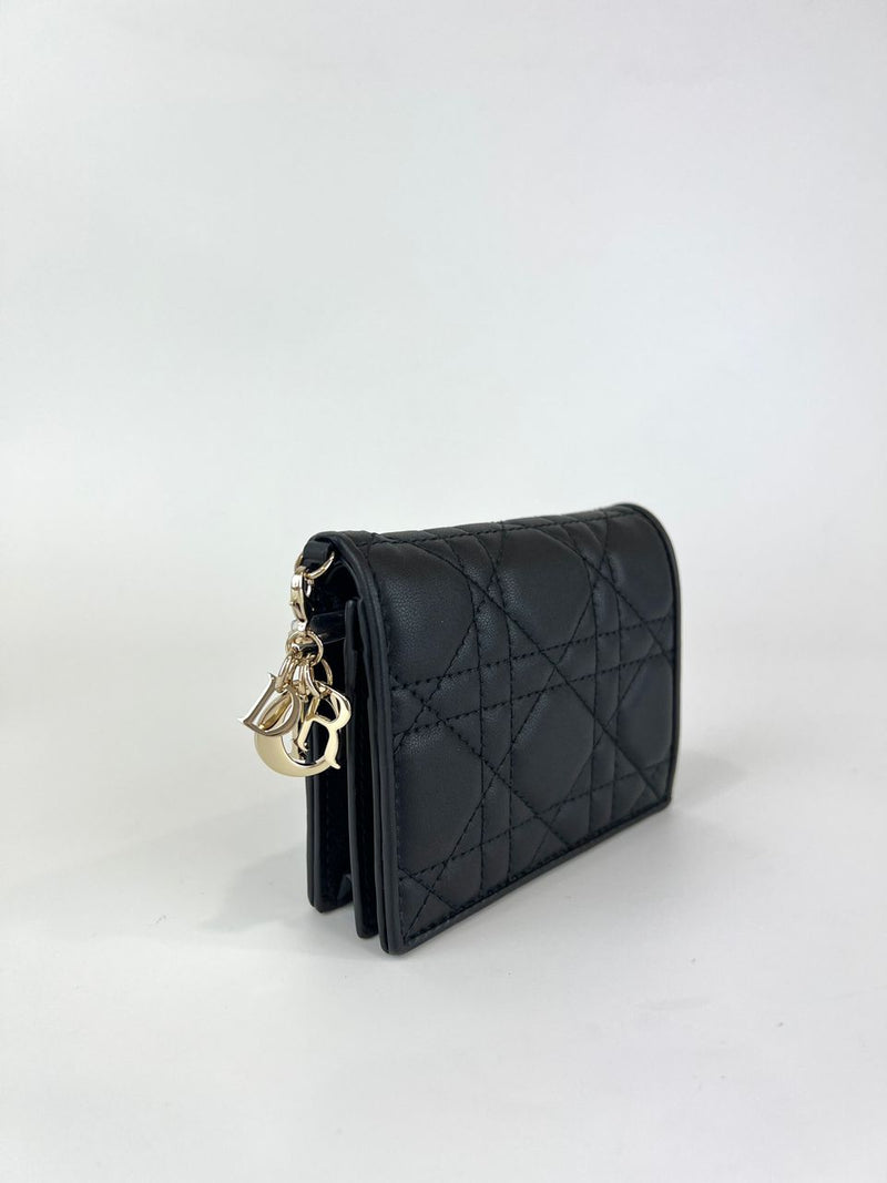 Black Cannage Lambskin Mini Lady Dior Gardenia Wallet