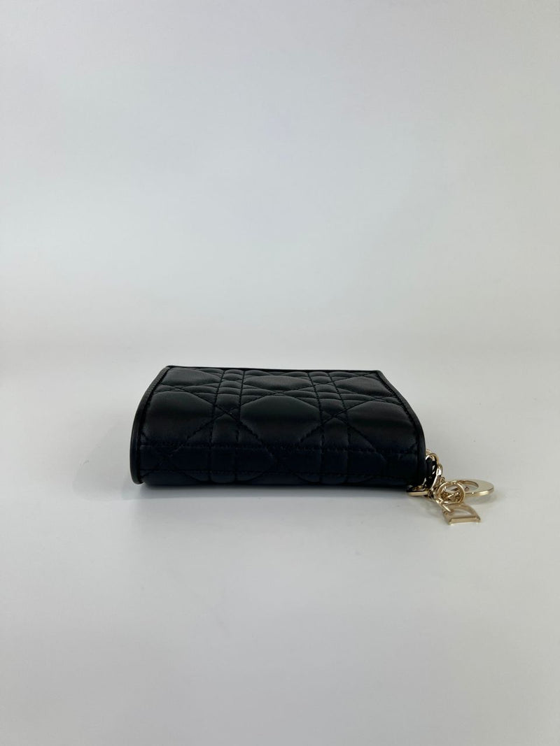 Black Cannage Lambskin Mini Lady Dior Gardenia Wallet