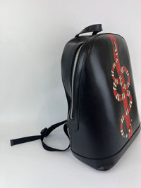 Black Textured Leather Kingsnake Print Backpack Bag