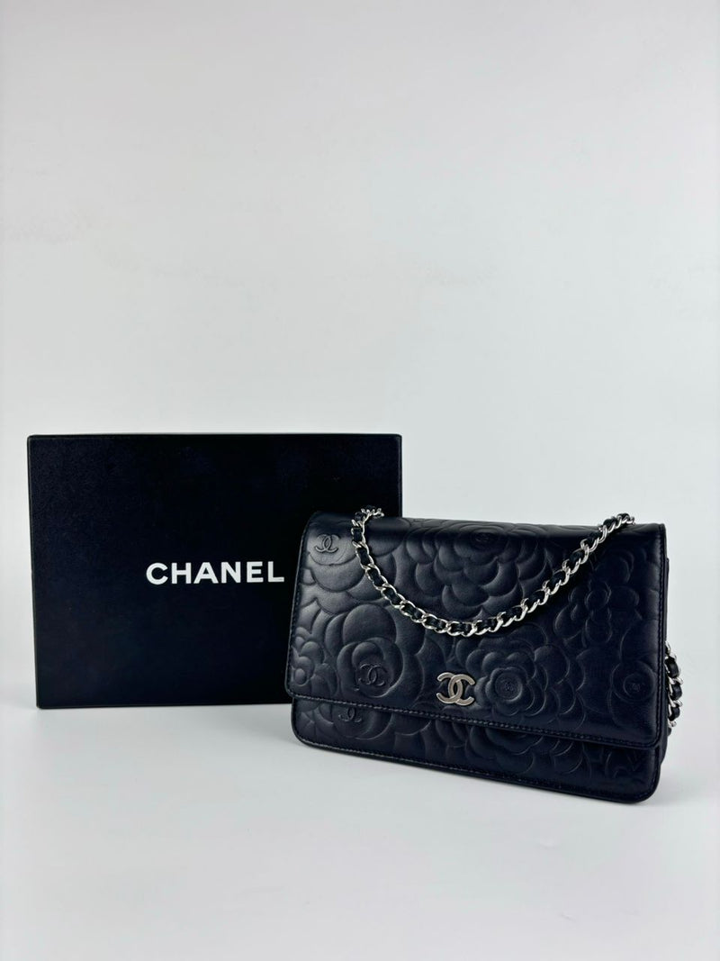 Black Camellia Embossed Lambskin Leather Wallet on Chain