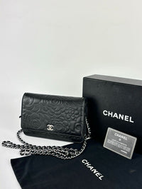 Black Camellia Embossed Lambskin Leather Wallet on Chain