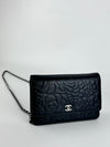 Black Camellia Embossed Lambskin Leather Wallet on Chain