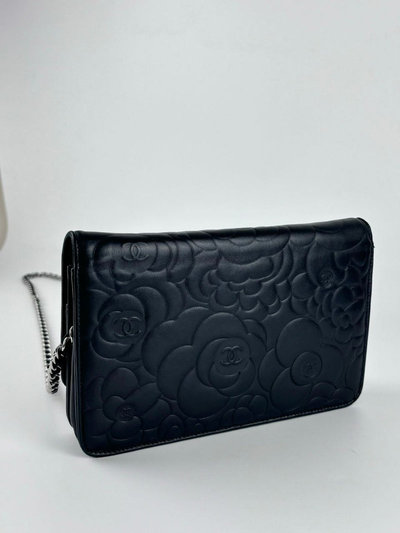 Black Camellia Embossed Lambskin Leather Wallet on Chain