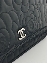 Black Camellia Embossed Lambskin Leather Wallet on Chain