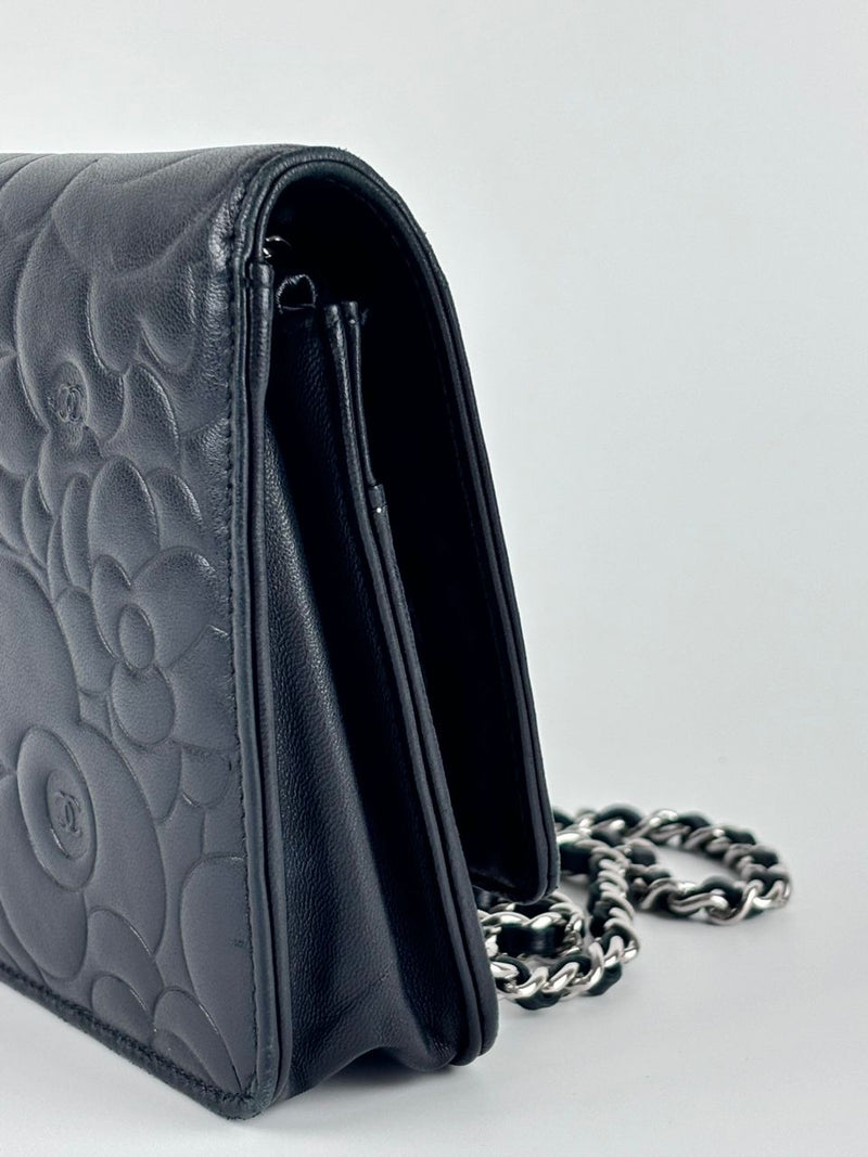 Black Camellia Embossed Lambskin Leather Wallet on Chain