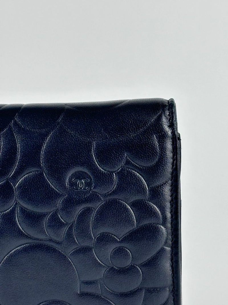 Black Camellia Embossed Lambskin Leather Wallet on Chain