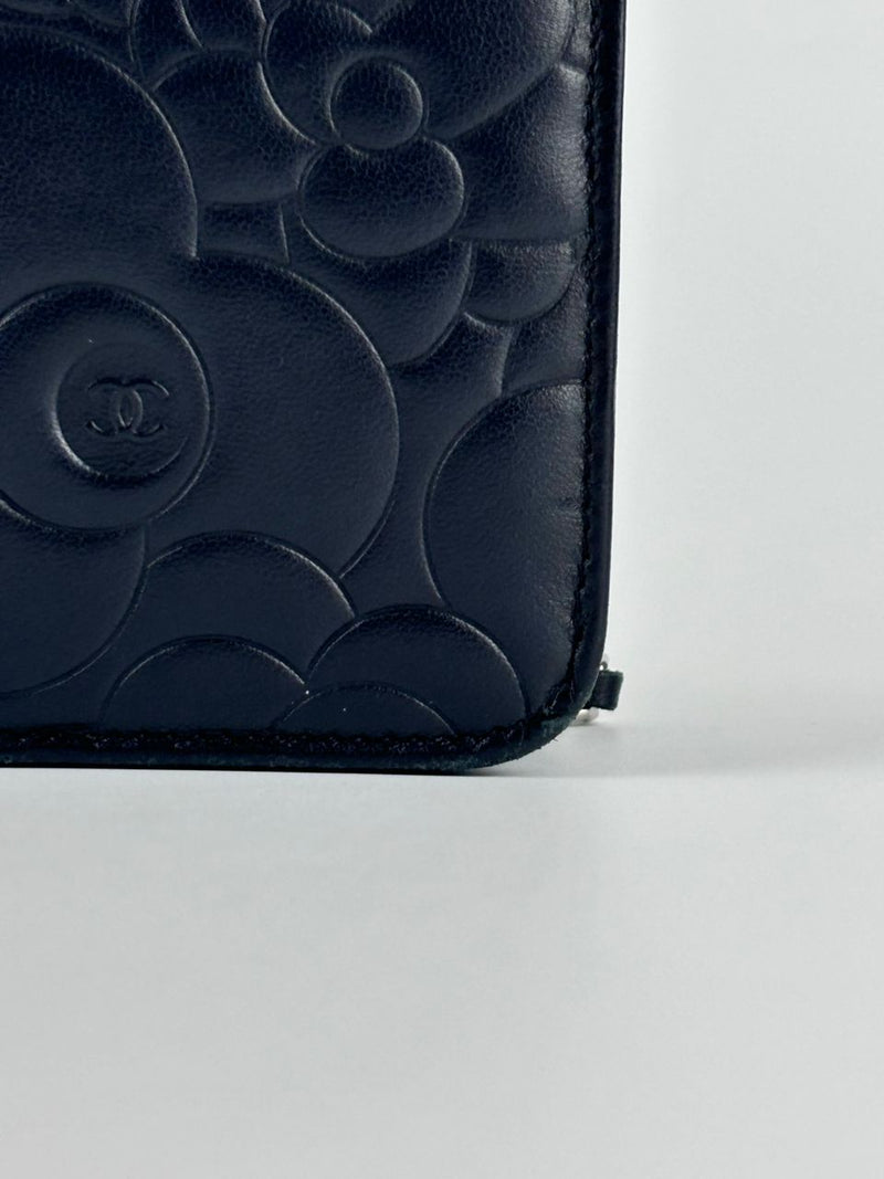 Black Camellia Embossed Lambskin Leather Wallet on Chain