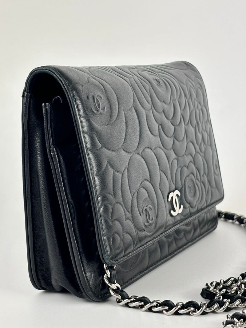 Black Camellia Embossed Lambskin Leather Wallet on Chain