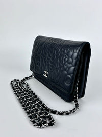 Black Camellia Embossed Lambskin Leather Wallet on Chain