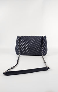 Navy Chevron Quilted Lambskin Leather Double Stitch Jumbo Single Flap Bag SHW