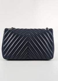 Navy Chevron Quilted Lambskin Leather Double Stitch Jumbo Single Flap Bag SHW