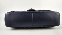 Navy Chevron Quilted Lambskin Leather Double Stitch Jumbo Single Flap Bag SHW