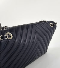 Navy Chevron Quilted Lambskin Leather Double Stitch Jumbo Single Flap Bag SHW