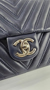 Navy Chevron Quilted Lambskin Leather Double Stitch Jumbo Single Flap Bag SHW