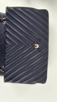 Navy Chevron Quilted Lambskin Leather Double Stitch Jumbo Single Flap Bag SHW