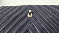 Navy Chevron Quilted Lambskin Leather Double Stitch Jumbo Single Flap Bag SHW